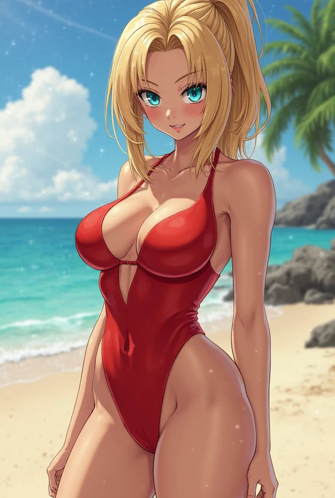 Highest quality、An illustration、Detailed Swimsuit(Mature、sexy) 、Detailed colors(Bright colors)、background(Ocean)、Detailed lighting(Soft、From above at an angle)、Detailed camera angles(From the side)、Pause(Raise your hand)、