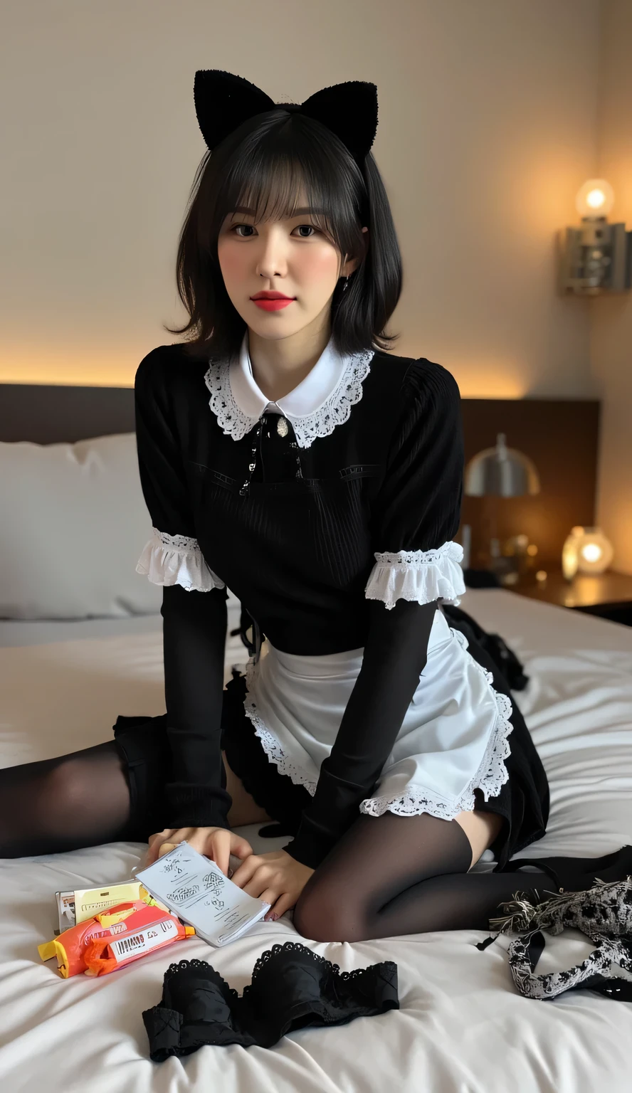a woman, sleep on your stomach on a mattress, shirt looks full body, body facing the camera, eyes looking at camera , using a black waitress uniform with a long apron of white color, long stockings black, big size G-cup, thick hair of black color, bras and condoms strewn across the living room, use a cat ear band and a cat's tail behind the waist,