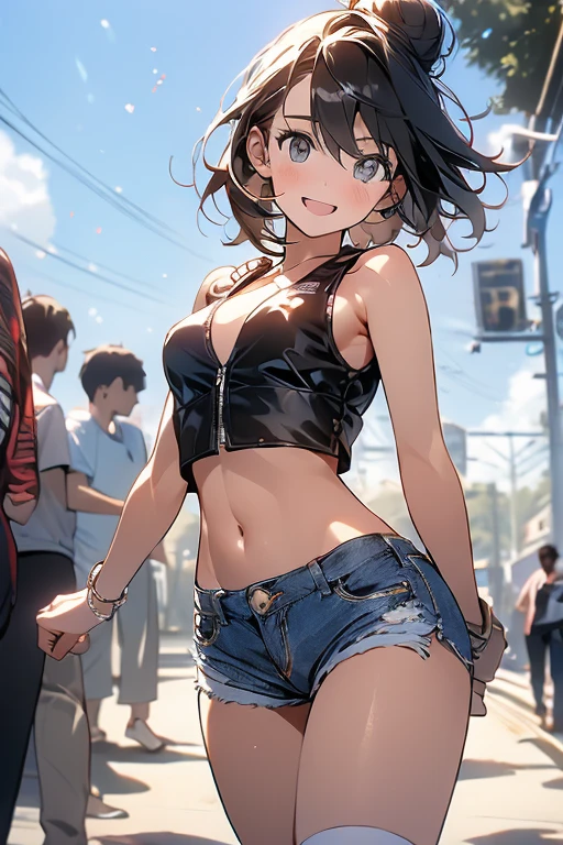 masterpiece,Pullover tank top shirt, Tank Top Shirt Down, Nipples, Off the shoulder, Bare shoulders, , Curly Hair, Twin tails, Dark Skin, Africa, smile, hot pants digging into anus, Africa, Put your hands on your head, Leaning forward,Nipples,Nipples、Nipplesが見える