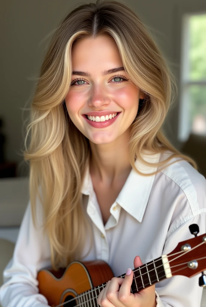 Jenna boyd wearing sexy scandinavian style clothes with lipstick and smiling