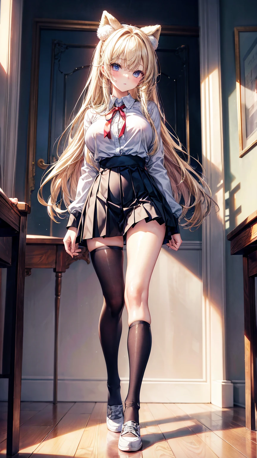 (masterpiece:1.6, best quality), (finely detailed beautiful eyes: 1.2), phyami, yamisch, 1girl, long hair, solo, , hair ornament, hair between eyes, two side up, blonde hair, very long hair, skirt, red eyes, thigh strap, sweater vest, plaid skirt, plaid, socks, two side up, hair ornament, pleated skirt, kneehighs, They are standing, (senior grade, open mouth), (((Lifting skirt, no panties, genitals visible)))