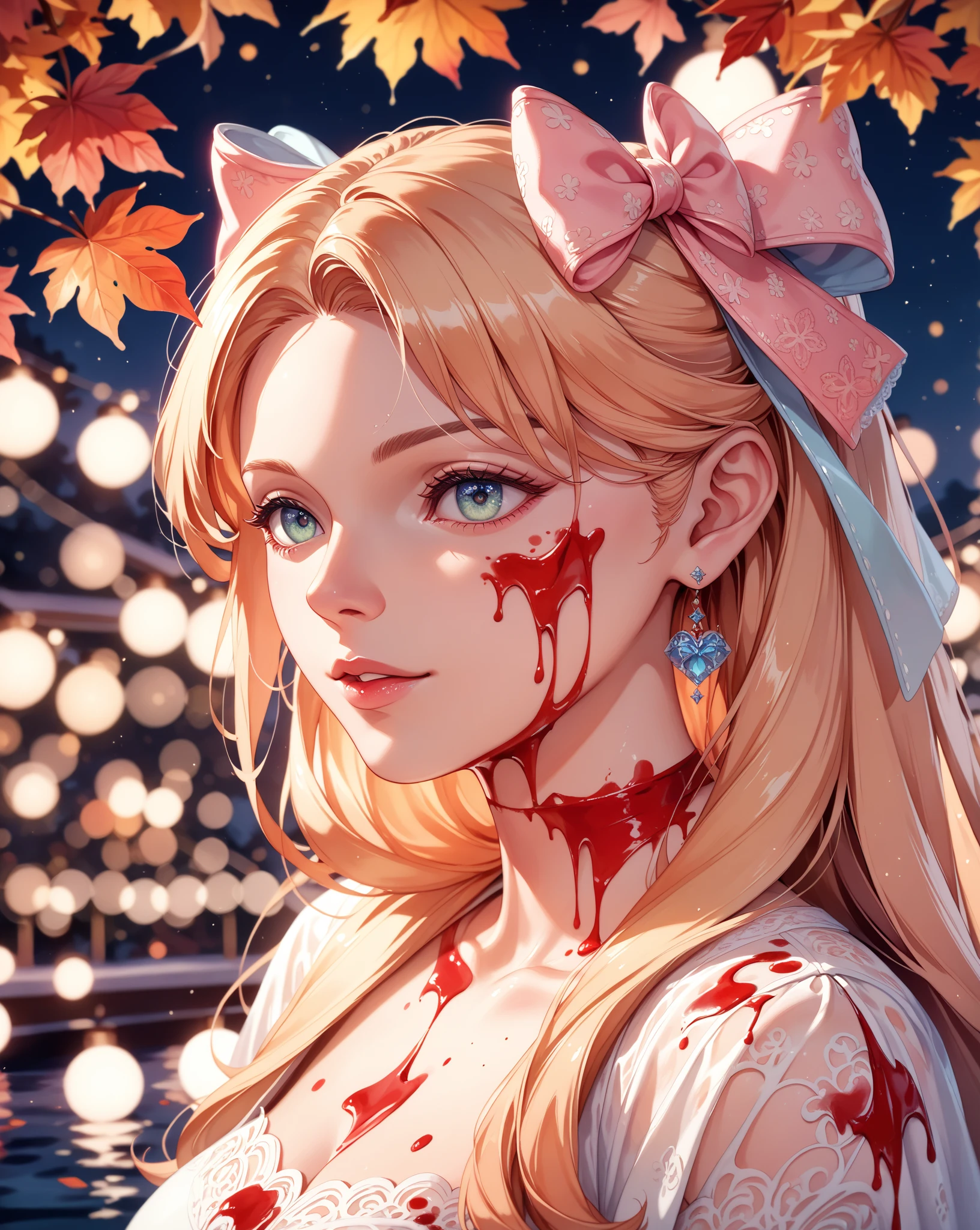 Girl nurse, with blonde short hair, with one blue eye, place of one eye bandage with white rose, dressed in a lush white 19th century dress in the stele of a nurse. A frightened look, background abandoned dark hospital blood stained.