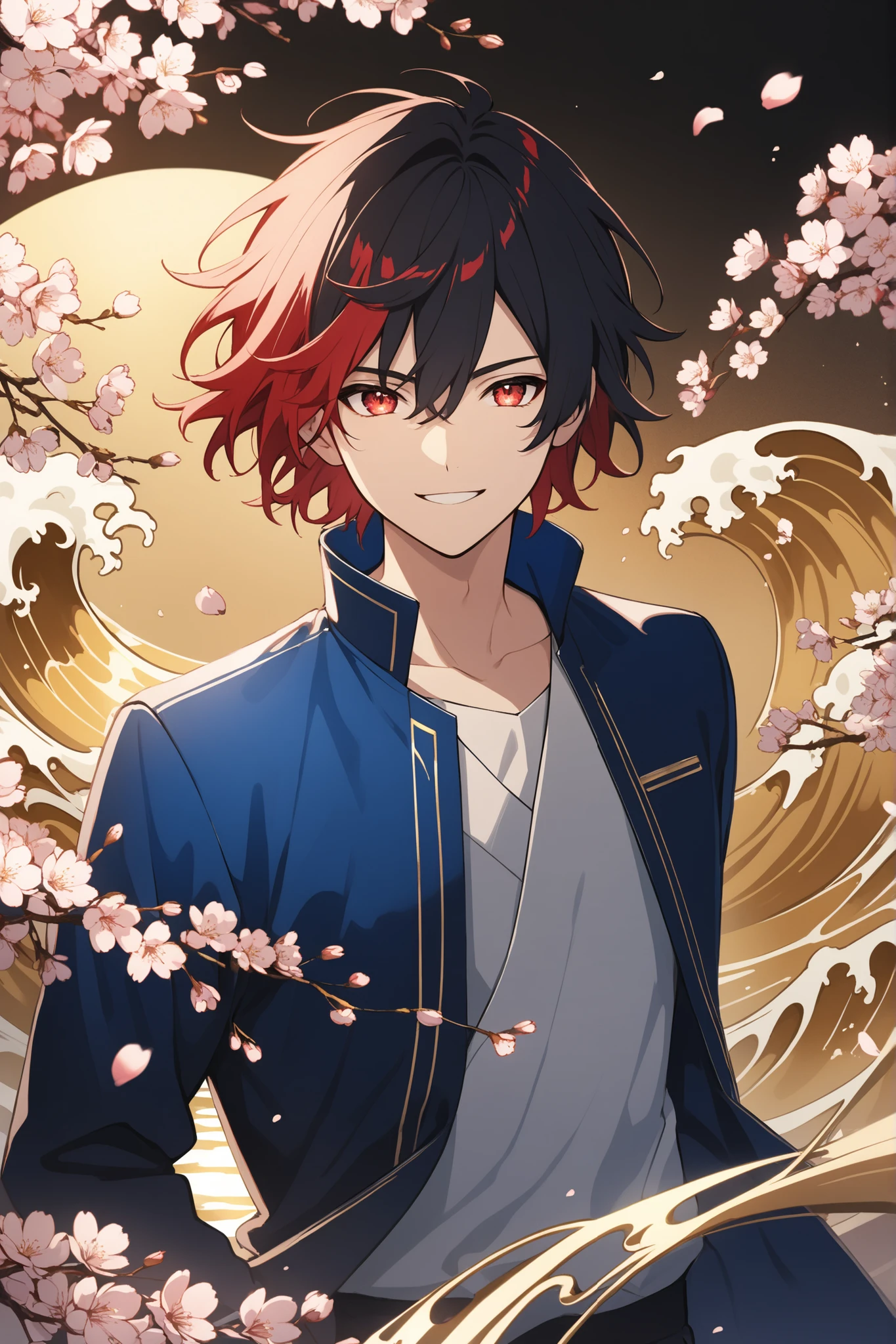 ,great performance,A young man with medium hair, black hair, red hair, glowing red eyes with a confident smile. He wears a blue jacket with a red cut, with floating cherry blossoms and a golden sea wave background.