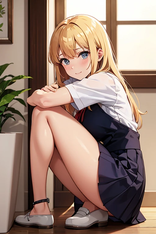 masterpiece, best quality, 1 girl, solo, mirika, hoshizaki rika, green eyes, tsurime, eyelashes, blonde hair, long hair, pigtails, side locks, fangs, big breasts, medium waist, medium hips, wide thighs, embarrassed, tsundere, smiling, seductive, Indoors, classroom, school uniform, sitting, sitting at desk, legs crossed, white collar, bow tie, orange bow tie, skirt, blue skirt, looking at the viewer, leaning forward, blush, smile, one eye closed, ;d, good hands, good anatomy