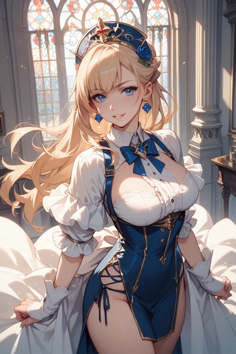 "(masterpiece:1.1), best quality, 
1girl, (80s anime style:1.3), (eyelashes:1.5), (loli:1.2), 
(intricate high detailed body:1.2), 
(yellow hair:1.1), (forehead, parted bangs, hairclip:1.1), (long hair, drill hair:1.2), (flower brooch, hair ornament:1.2), 
blue eyes, 
(muscular body:1.1), (gigantic breasts:1.5), 
(grin:1.2), open mouth, 
(string leotard armor, corset:1.2), 
(knight armor, armored boots:1.2), (fur:1.1), (ahoge:1.2), neckwear, 
standing, 
(upper body, cowboy shot, looking at viewer, from front:1.1),
medieval tavern"