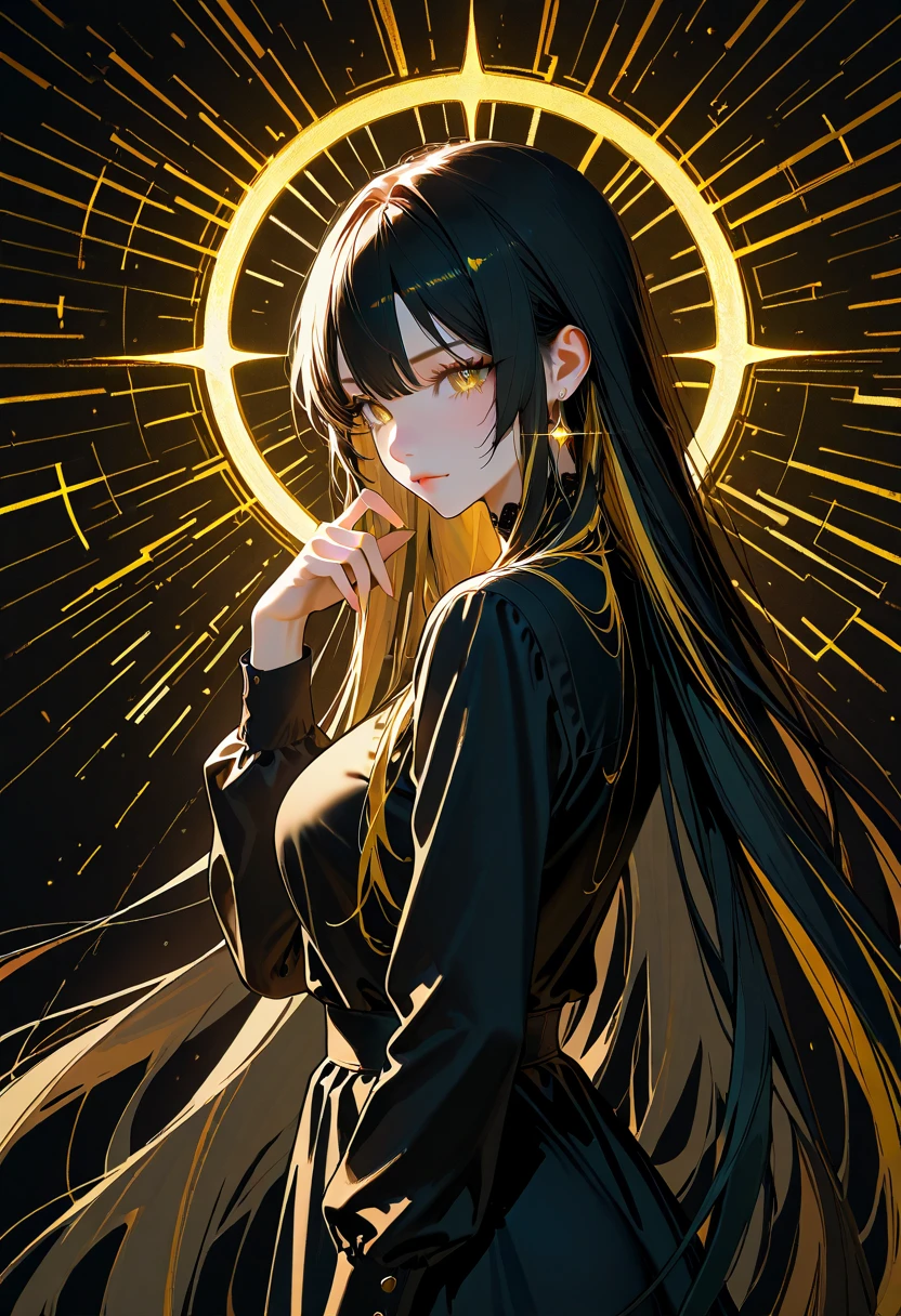 super detailed, (glowing background:1.25),(best art,masterpiece,best quality,:1.5),((Flat papercut style:1.4)),
(dark gold line,black theme,:1.3)
,8k,high-res,highest details,
,flowing colorful ink,cross the stars, blackhole, clean cuts, paper, sharp edges, minimalist, color block <lora:sadako-10:0.8> Sadako, hair over eyes, pale skin, grey skin