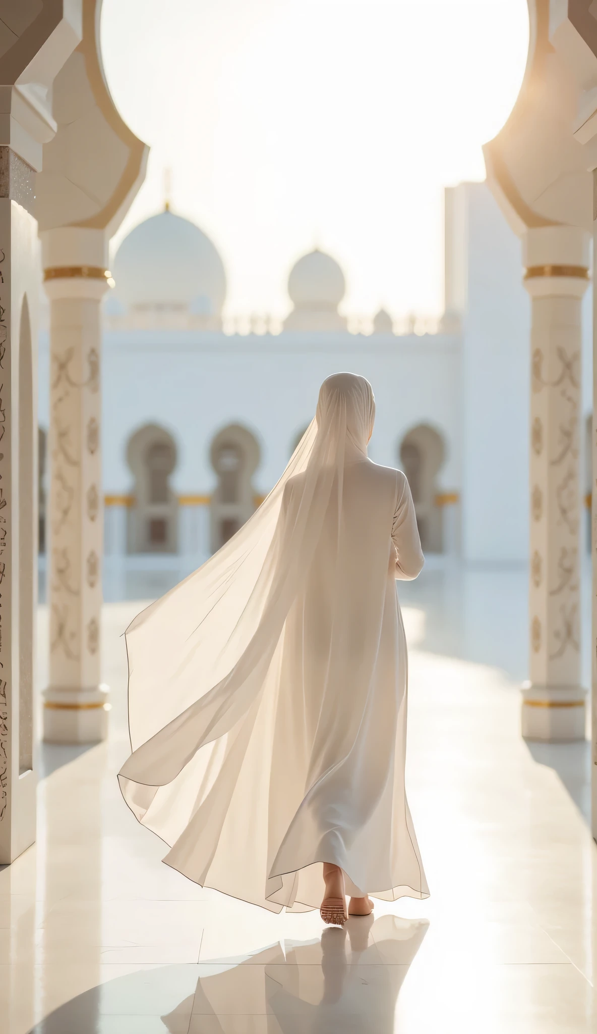 A modest Muslim woman walking gracefully along the veranda of a white mosque in the soft morning light. She is wearing a flowing plain white abaya or gamis with no patterns or embroidery, made of smooth, lightweight fabric that moves gently as she walks. Her white khimar drapes elegantly, and a subtle golden inner hijab is slightly visible underneath. The mosque around her is pure white, with clean architectural lines and open arches, glowing softly under the gentle sunlight of the early day. The scene captures a serene and peaceful atmosphere, emphasizing modesty, purity, and spiritual calm. Realistic with a soft artistic touch, focus on white attire, elegant movement, morning light, and the tranquil mosque setting.