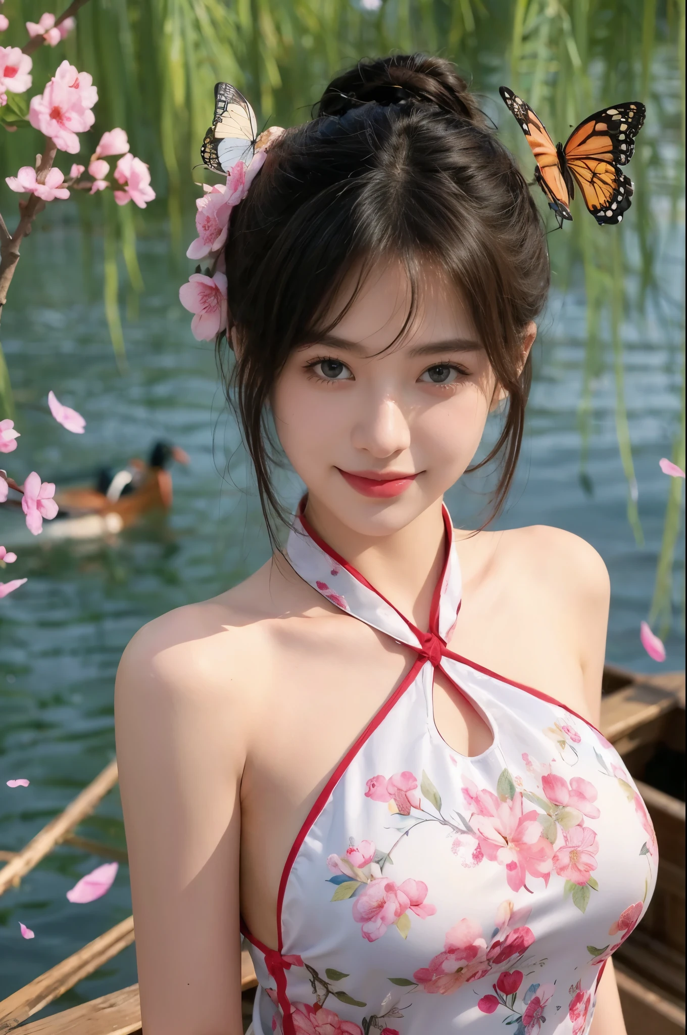 (masterpiece:1.4), (best quality:1.4), ultra high res, ultra high resolution,At the beach At the Beach,Midnight
((detailed facial features)), HDR, (realistic, photorealistic, photo-realistic:1.37), full body, sexy seductive JAPANESE woman, (seductive smile), (slim girl), long lashes, multicolor metallic makeup, vivid colors, (multicolor black very short hair), fair skin, wearing large sparkling colorful jewelery, wearing a red silk Paradise Kiss cosplay dress with black floral embroidery, multicolor butterflies, eastern setting, japanese park in background, lush garden, sunny, in focus, gentle sunlight shining, casting a soft glow on her face, adding warmth to the scene, vivid colors, showcasing her natural beauty and grace in a feminine way