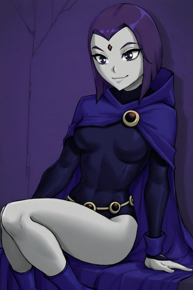 1girl, solo, Raven from Titans, short hair, purple hair, purple eyes, red jewel in forehead, (grey skin:1.4), medium breasts,boots, ((skin tight leotard, black leotard,long sleeves, thong leotard, latex leotard, bare legs )),, (thicc:1.4), ((wide hips, thick thighs,)) cowboy shot,looking at viewer, serious face, shiny skin, oily skin, sitting on bench, spread legs, ((leotard aside, pussy))