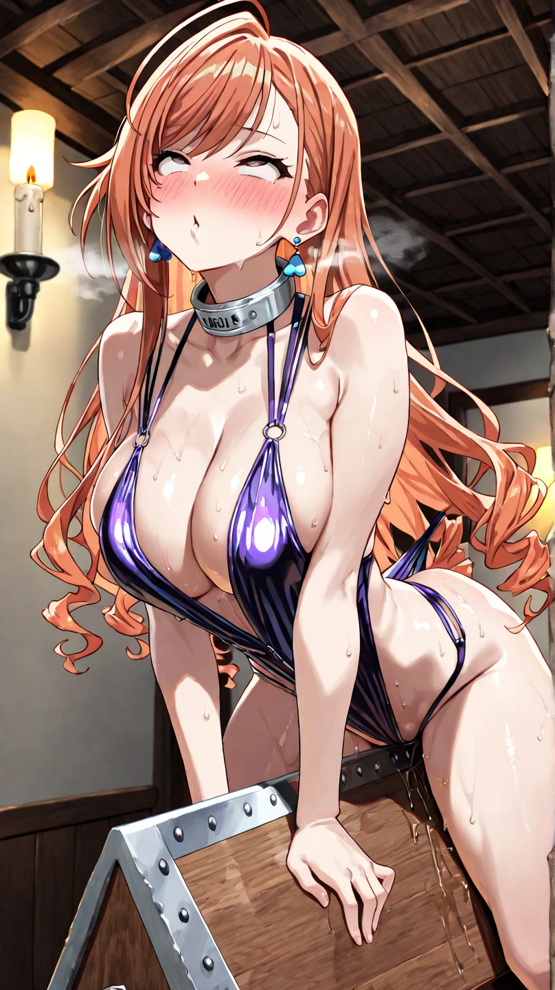 Highest quality, masterpiece , wallpaper, One beautiful girl, Highly detailed eyes and face, Beautiful attention to detail, Blue Eyes , Beautiful dark red hair , deep night, 20-year-old , Large Breasts、Nipples , Hairstyle Nuance Long , Mole on cheek , Ahegao , Ecstasy face , Masturbation Climax , Sticking out tongue , Drooling from the mouth , Nakano May , sweating a lot , Costumes Swimsuits , show off your vagina , Pose to invite men , no bra no pants , Mouth very wide open , Expression of sigh , Ocean