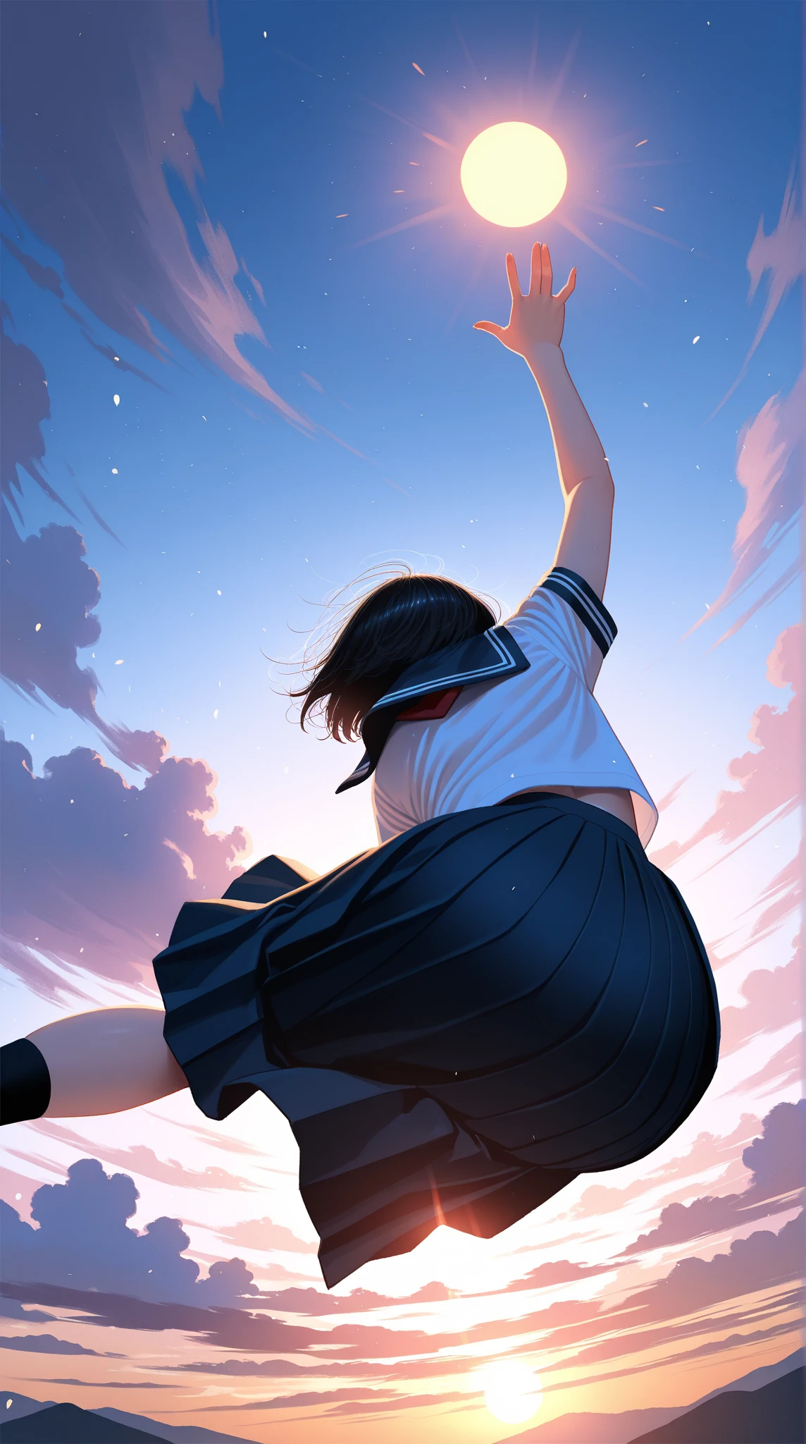 anime illustration, ((((highest quality)))), (((Ultra-precision CG 16K))), (((masterpiece))), BREAK skinny body, slender waist, medium Breasts, (((perky breasts))), ((sagging breasts)), (covered nipples), (((tanned skin, tan lines))) , BREAK (written in detail of face, smiling, blush, determined expression, sweaty , Heavy breathing, embarrassed, ) , (natural make), BREAK narrow eyes, (streaked hair, hair intakes, colored inner hair, ) BREAK (((wearing printed oversized clothing , wearing wide-leg-pants, breasts is covered by outfit, (detailed panty), Narrow aisles,))) , wearing earrings , BREAK ( stick breast out, ((upside down, Handstand))) BREAK (( ripples , horizon , under the cosmic sky on the cosmic sea , cosmic effects, a girl blended into the background)), (((full body shot, looking at viewer, ))), BREAK ((cinematic , from side , from below , ((Distant view, Panorama)), looking at viewer, )) , pinup magazine pose, dancing