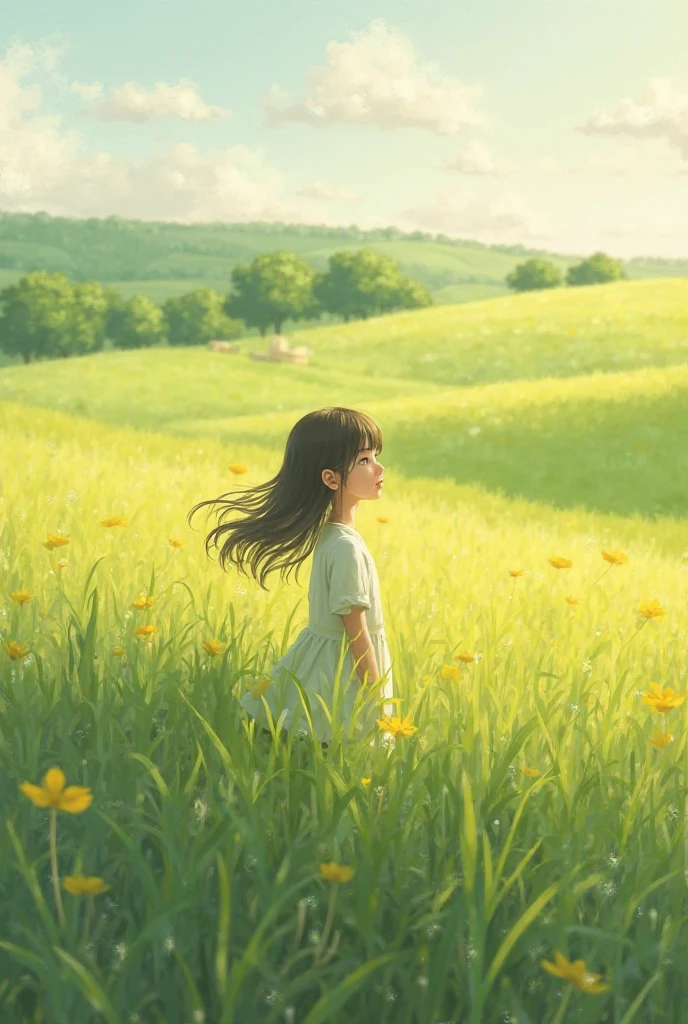 boy with long dark brown hair over greenish landscape