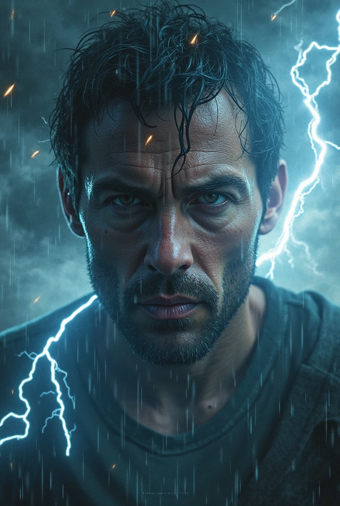 Hyper realistic tattooed god, shoulder length curly hair, stubble, hand reaching out to viewer, lughtning in background