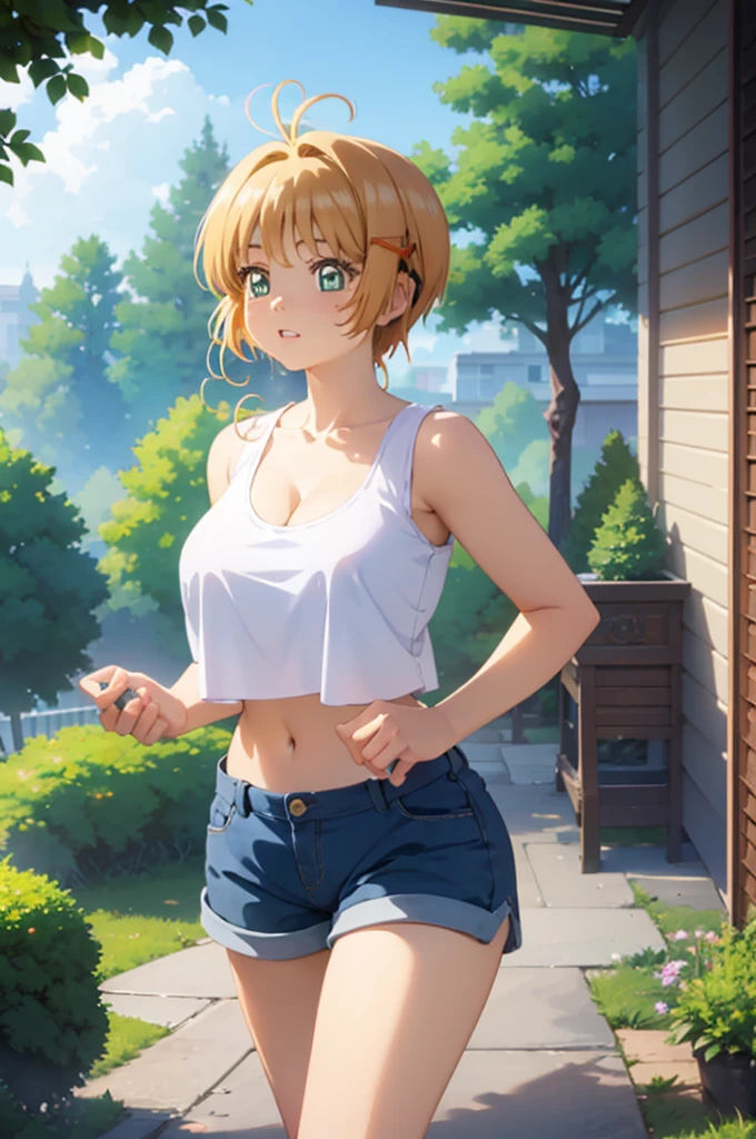 masterpiece, best quality, ultra-detailed, illustration, 1girl, ((looking at viewer)), (cowboy shot), smile, light brown hair, yellow eyes, hair between eyes, Wet Clothes and Hair, Transparent Tank Top , Navel, Short Pants, Looking at the Sky, Bright Colorful Paintings