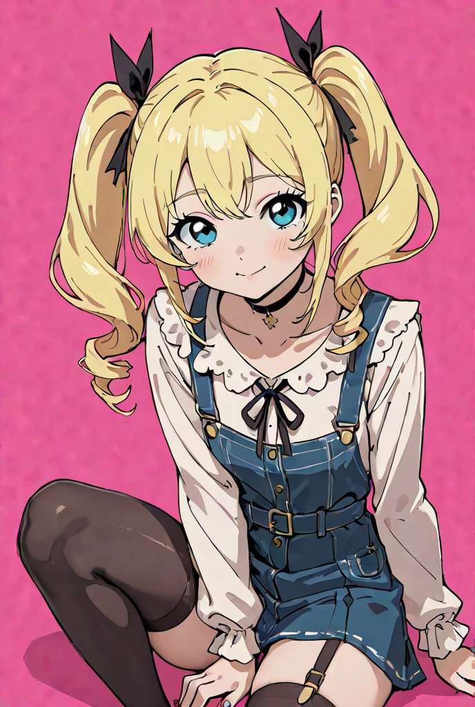 long hair,1girl,hair ornament,twintails,solo,breasts,blue eyes,cleavage,bow,bear hair ornament,necktie,(blonde hair:1.5),smile,bangs,large breasts,looking at viewer,collarbone,shirt,nail polish,(red bow:0.8),black shirt,underwear,bra,skirt,choker,black bra,sleeves rolled up,white necktie,red nails,open mouth,pleated skirt,red skirt,shiny,teeth,medium breasts,miniskirt,shiny hair,school uniform,pink hair,boots,upper teeth only,plaid skirt,blush,knee boots,plaid,black footwear,cross-laced footwear,junko enoshima,jojo pose,junkodg,<lora:JunkoDG:1>,<lora:botw_style_offset:0.8>,