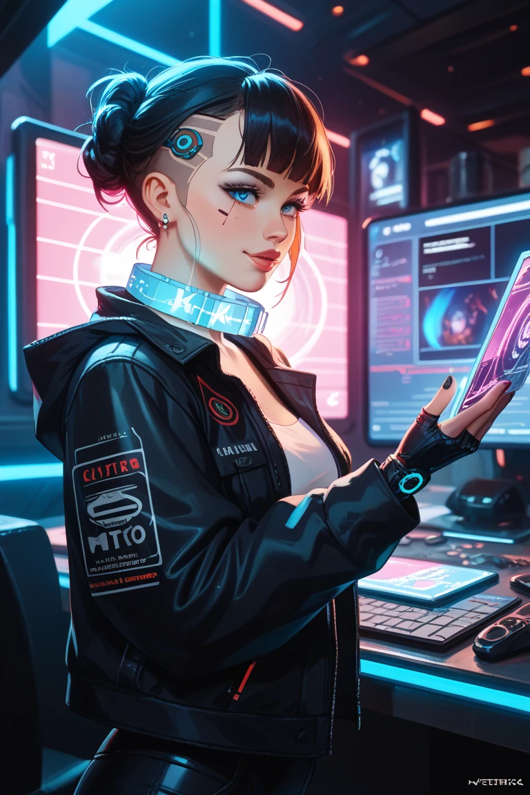 mulher na jaqueta de couro preta sentada na mesa com computador e teclado, Cyber Escola Menina, estilo cyber universe, menina em mecha cyber armor, cybernetic suit, menina bonita ciborgue, menina cyberpunk sonhadora, menina de anime cyberpunk feminino, cyberpunk menina bonita, Cybernetic style, cgsociedade inspirada, menina ciborgue bonito, diverse cybersuits, mulher scifi, cyberpunk futurista