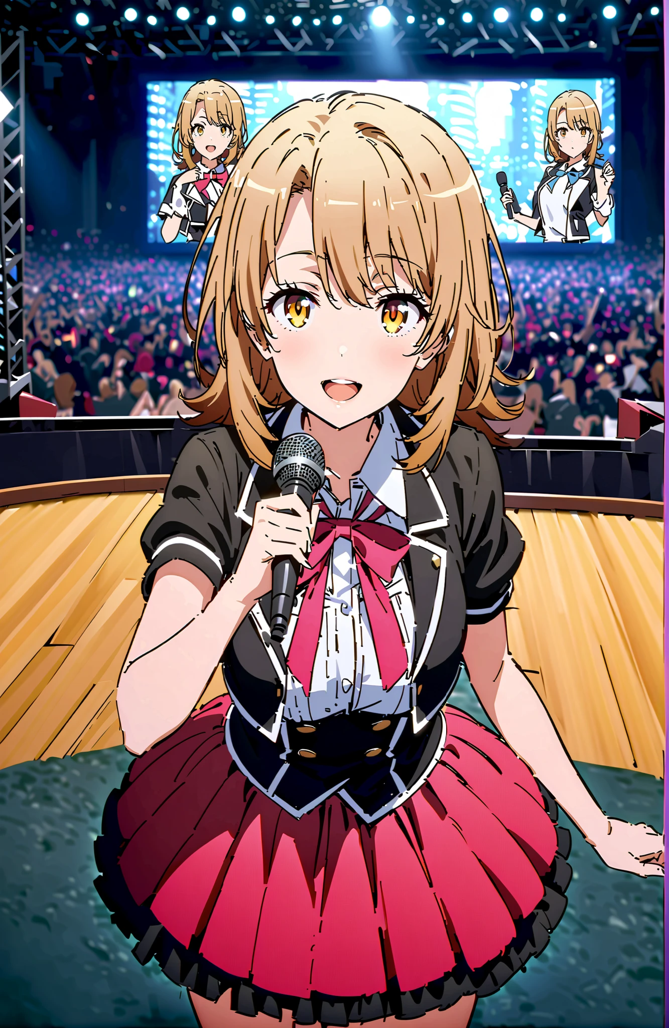 Irohaisshiki, Isshiki Iroha , solo,short hair, brown hair, brown eyes,smile,cover,open your mouth,
idol costume, dress,collared  dress,jacket,cropped jacket,Short sleeve,bowtie,bow,button,villages with,(white knee-high:1.2),boots,アイドル歌手がライブ ステージで熱狂的に歌うシーンのillustrations,the idol singer stands in the center of the stage, idol singers sing with microphones , idol singers are serious and impressive ,The singer&#39;s voice is strong and beautiful. ,  fans gather around the stage ,   fans sing and dance with idol singers Idol singers who do things  ,The Big Picture, Various colored lights ,full bodyがillustrationsに入るように,break indoors,Concert Hall,
break looking at viewer,full body,
break (masterpiece:1.2), Best Quality, high resolution, Unity 8k 壁紙, (illustrations:0.8), (beautiful detailed eyes:1.6), very detailed face,  perfect lighting on the table, Extremely Detailed CG, (perfect hand, perfect anatomy),