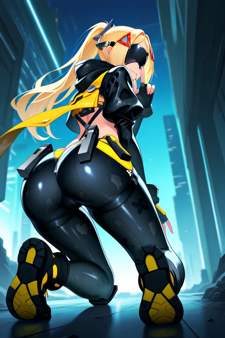 Dressed as a little bee and a bee bodysuit and white boots, big ass long blonde hair, futuristc city
