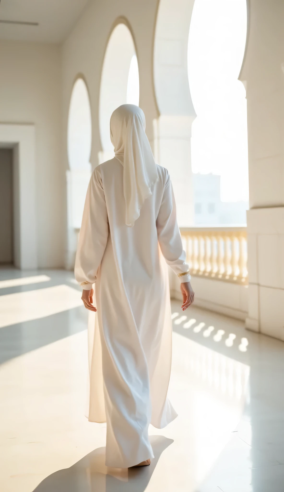 A modest Muslim woman walking gracefully along the veranda of a white mosque in the soft morning light. Her face is not visible, either turned away from the camera or gently obscured by the angle. She is wearing a flowing plain white abaya or gamis with no patterns or embroidery, made of smooth, lightweight fabric that moves gently as she walks. Her white khimar drapes elegantly over her shoulders, and a subtle golden inner hijab is slightly visible underneath. The mosque around her is pure white, with clean architectural lines and open arches, glowing softly under the gentle sunlight of the early day. The scene captures a serene and peaceful atmosphere, emphasizing modesty, purity, and spiritual calm. Realistic with a soft artistic touch, focus on white attire, elegant movement, morning light, and the tranquil mosque setting.