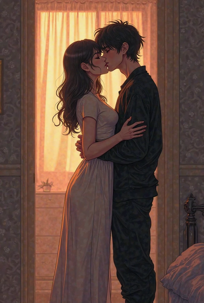 Boy and woman, beautiful woman, kissing each other with passion, in a bedroom, bright room, candles lit, night time,