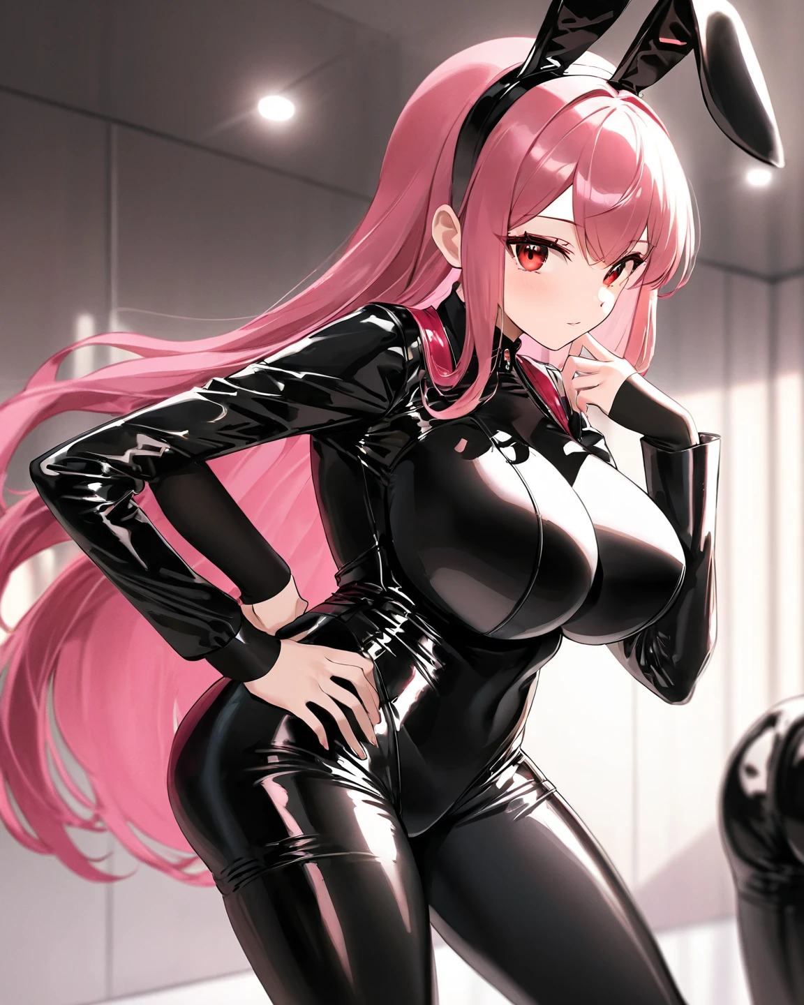 pelo color rosa, pelo color rosa intenso, pink hair color, pink hair, cabello rosado, ojos azules intenso, ojos color azul, intense blue eyes, electric blue eyes, color de ojos azules, labios enormes, labios hinchados, double ponytails hairstyle, double ponytails, big horns, succubus, sucubo, demon girl, pechos grandes, pechos enormes, Figura de reloj de arena, (cintura estrecha), confianza, superioridad, Palo de golf, malcriado, bully, muslos gruesos, pendientes, arriba, diafragma, Bermudas, sonrisa, medio plano, evil sonrisa, cara de gemido, grande , from the Frente, in dungeon (fire, castle, dungeon, chains, slaves), pechos grandes, caderas grandes, Front, from the front, red skin, devil tail, skin texture color red, red coloured skin, devil skin color, gal, japanese gal, in latex suit, black shiny latex, sitting, crossing legs