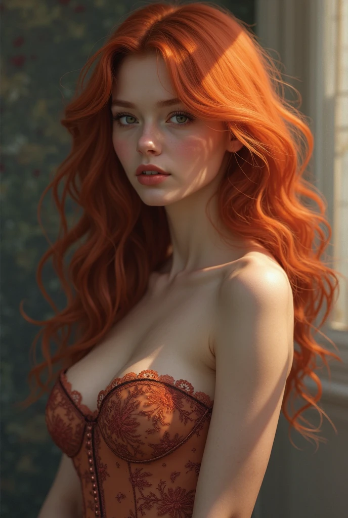 ((best qualityer)), ((work of art)), (detailded), 1 girl, strap dress, long red hair, dark shaped eyes,