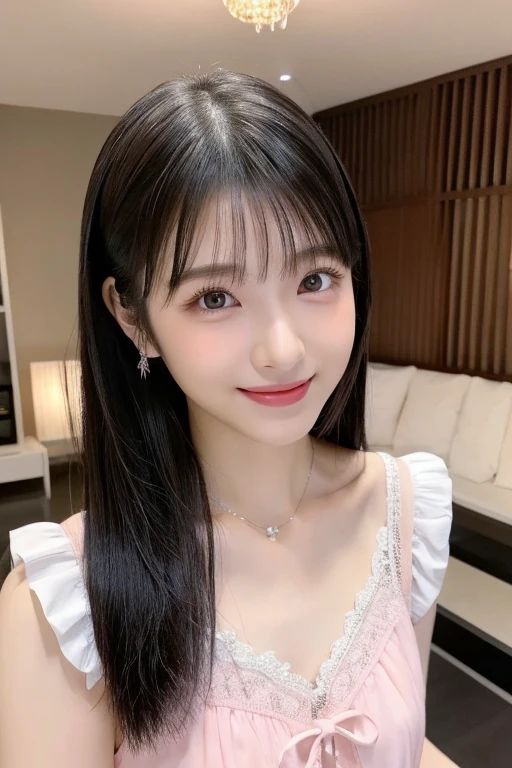 young woman、Black Hair、、hairstyle semi long、ear piercing、Necklace around the neck、blouse、Emphasize the chest、smile、Intricate details, Very detailed:1.2), 、hair band、 Looking into the camera、The background is the office

