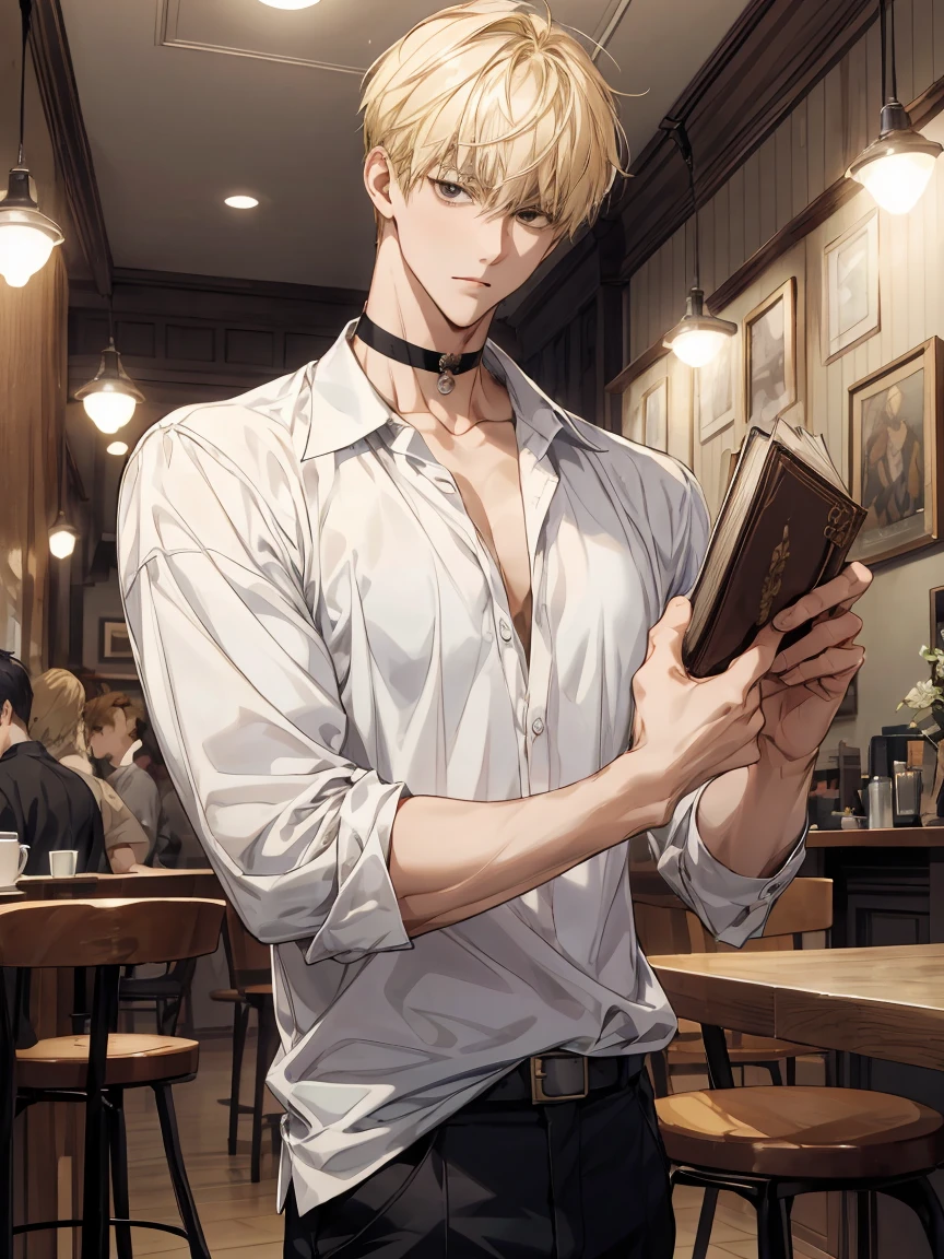 (absurdres, highres, ultra detailed), detailed face, perfect face, perfect lines, perfect eyes, enlarged textures, detailed eyes, 1woman, 1man, (beautiful, (( blond hair)), green eye, ((pixie cut)),((parted bangs)), slender body, Bullish gaze), (flat chest:1.4), tomboy, ((messy hair, (black hair's guy), slant eyes, A man in his 20s with a cool expression, Handsome, tall muscular guy), wearing shirt, they is sitting at a table and eating, talking with each other, indoor date, romantic, romantic scenery, cinematic lighting, cinematic scenery, sunlight, romantic, soft light, wallpaper, expanding landscape, smile, happiness, full body, dining room