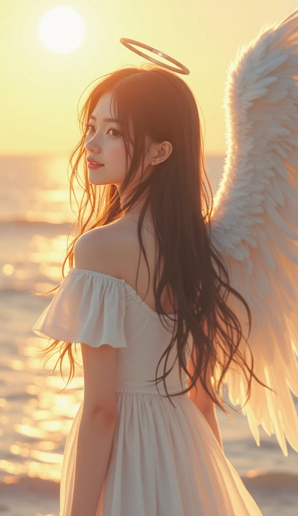 A female angel,long hair,wing,Sea of Flowers,Sky