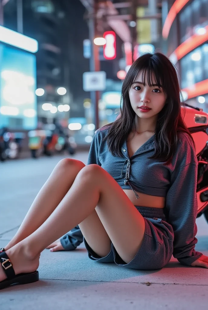 8K, Ultra-high resolution, Highest quality, masterpiece, 三分割法によるphotograph,Surreal, photograph, 1 Girl, (16 years old:1.3), pretty girl, Cute face, Beautiful eyes in every detail, 細かくdetailedに,masterpiece,One Girl:1.2, Japan Female Announcer,whole body,from below,Fearful expression,Black Hair,Messy hair,Cyber city of the near future,Wearing a cardigan sweater on your back、Girl sitting in the middle of the road, Plaid pencil skirt, High socks and black shoes,Beautiful leg line beauty,Realistic Skin, Perfect and beautiful face ,完璧でCute face, Skin with attention to detail, Perfect limbs、Narrow waist、Thin legs),Looking at the audience、beauty,Long neck、(((Ideal body type))),A cup small breasts :2,Portraiture:2,Perfect Anatomy,鮮明なdetailed,detailed,Surreal,Light and shadow,darkness