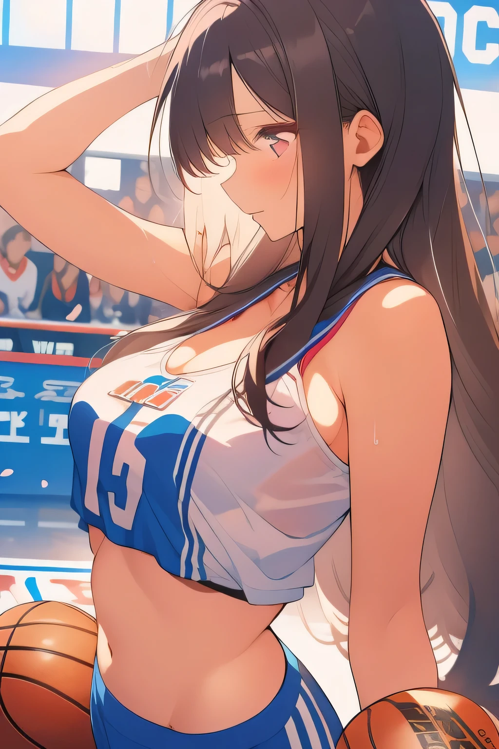 A very attractive female basketball player, framed in a close-up of her upper body and face, conquers an NBA basketball court, her side profile bold and alluring as she poses with half-closed eyes (jitome), a relaxed yet seductive expression gracing her features, a heap of basketballs piled courtside, their surfaces glinting under the stadium’s intense lights. Her long, flowing black hair flows down her back like a dark cascade, shining with a sleek gloss, while her pink eyes shimmer faintly beneath drooping lids, her smile radiating resilience with a sultry charm. She wears a loose-fitting blue basketball uniform, the jersey drenched in sweat and pulled open to reveal her large breasts supported by a white bra, her bare midriff and navel glowing with exertion. The shorts, tight and sweat-soaked, cover white panties that fully conceal her lower body, maintaining a modest silhouette beneath the damp fabric. One hand spins a basketball effortlessly on her finger, the other resting casually by her side, sweat tracing her curves in a poised, playful stance. Cherry petals drift through the air, mingling with white roses on the court, hinting at a moment of serene power in play. Her captivating aura glows with open poise against a minimal white background, rendered in watercolor subtlety (0.4) and pastel richness (0.6).