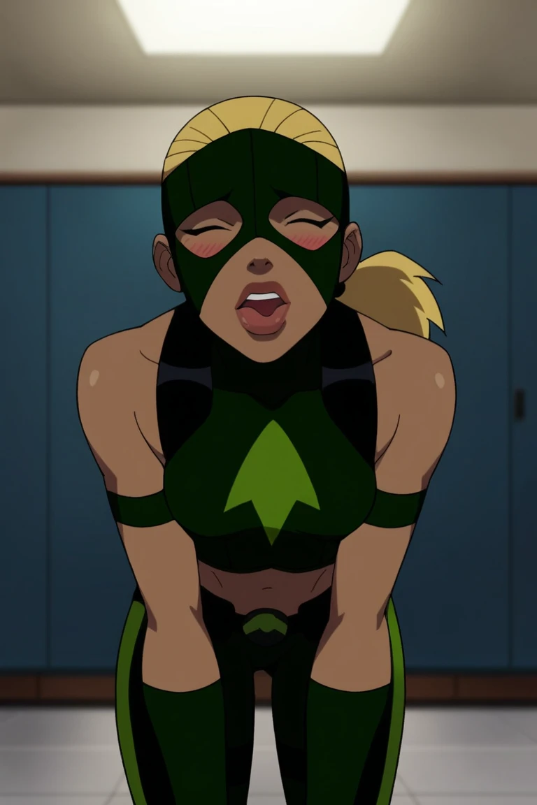 score_9, score_8_up, score_7_up, source_cartoon,artemis, blonde hair, closed eyes, ponytail, big lips, dark skin,medium breasts, mask, crop top,green operation costume,BREAK standing, leaning forward, blush, peck lips, ahegao, looking at viewer, solo, front view, face focus, indoors, blurry background, best quality, high quality