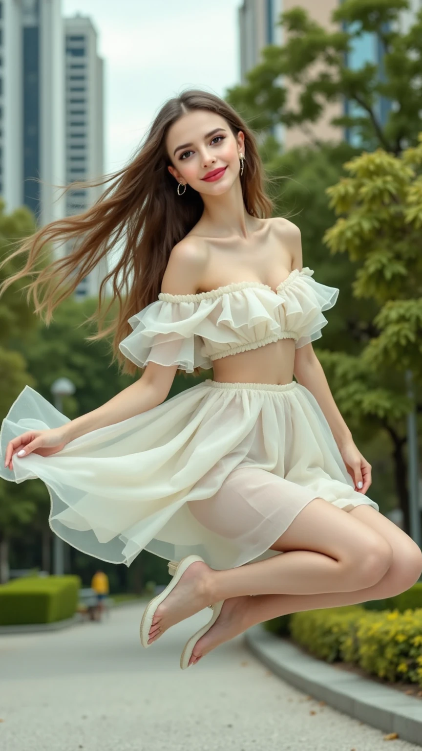 A beautiful woman with short black hair, round transparent glasses, brown eyes, thin waist and wide hips, with red lipstick on makeup, with a pink and white tulle mini dress, standing with high-heeled sandals, walking