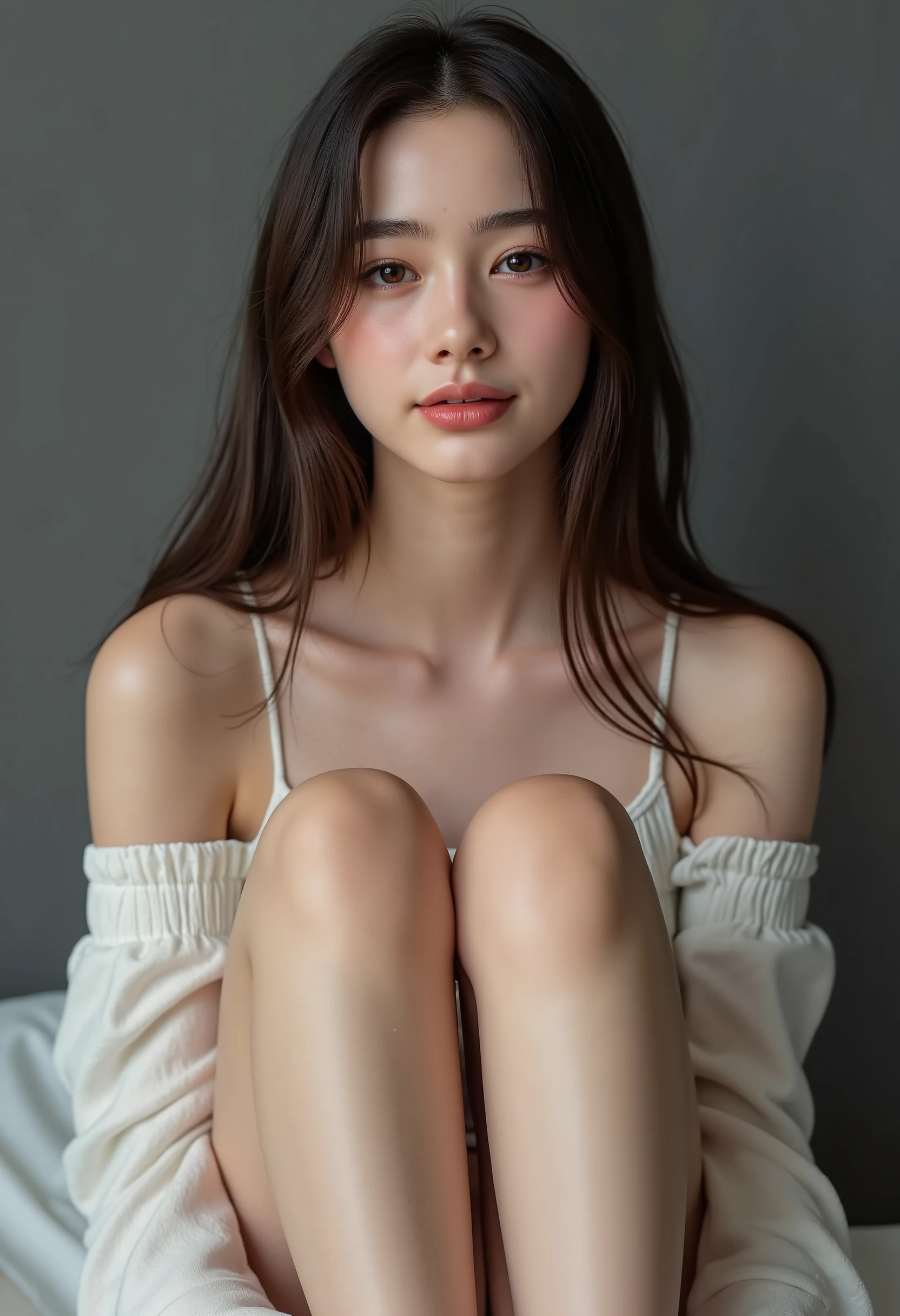 pretty girl, smile, no make up, dark circles, full body shot from the front, off shoulder mini one-piece pajamas please,   Bend Your Knees, widens legs, pose with legs crossed, and sit down staring at me,  Slender Naked Legs, , has a monotone background, studio lighting  