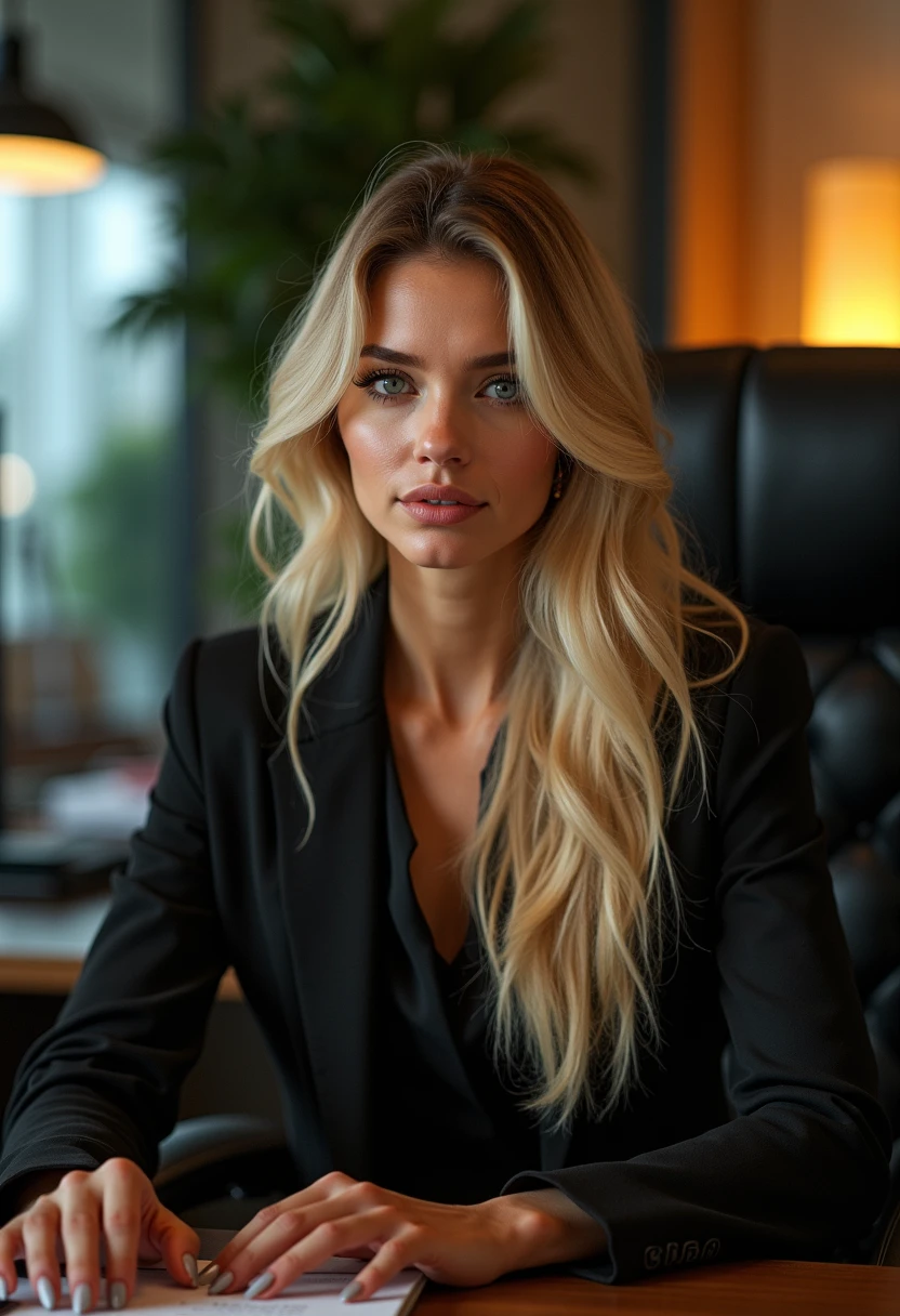 Prompt: Generate a hyper-realistic, cinematic image of a young, attractive woman sitting on a black leather sofa, dressed in sleek, black executive attire. She has a serious and professional expression, with long, straight blonde hair cascading neatly over her shoulders. Her facial features are finely detailed, reflecting elegance and confidence. Lighting: Apply cinematic lighting with a soft, diffused key light to highlight her features and create subtle, natural shadows. The lighting should add depth and dimension, emphasizing the texture of her attire and the contours of her face. Pose: She should be seated in a poised and confident manner, with a straight posture that conveys authority. Her hands can rest naturally on her lap or on the armrest of the sofa, reinforcing her composed demeanor. Background: The background should be a modern, minimalist office or upscale lounge, with muted, neutral tones. The setting should enhance the cinematic quality of the image, ensuring that the focus remains on her professional presence. Camera Angle: Use a slightly low angle to convey power and confidence, with a shallow depth of field to keep the focus sharp on her while softly blurring the background.