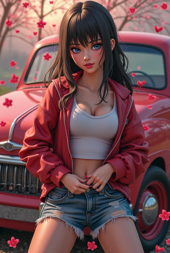 4k, digital painting, Comic Babes, araffe girl in red bra and white shorts leaning against a red truck, Isabela Moner, Instagram Model, thick thighs, Julia Fontes, sexy girl, beautiful young model, in the countryside, streetwear bra and shorts , sexy look, Portrait of Sophie Mudd, thighs, the extremely hot and sexy, exposed thighs, half pink, olivia de bernardinis