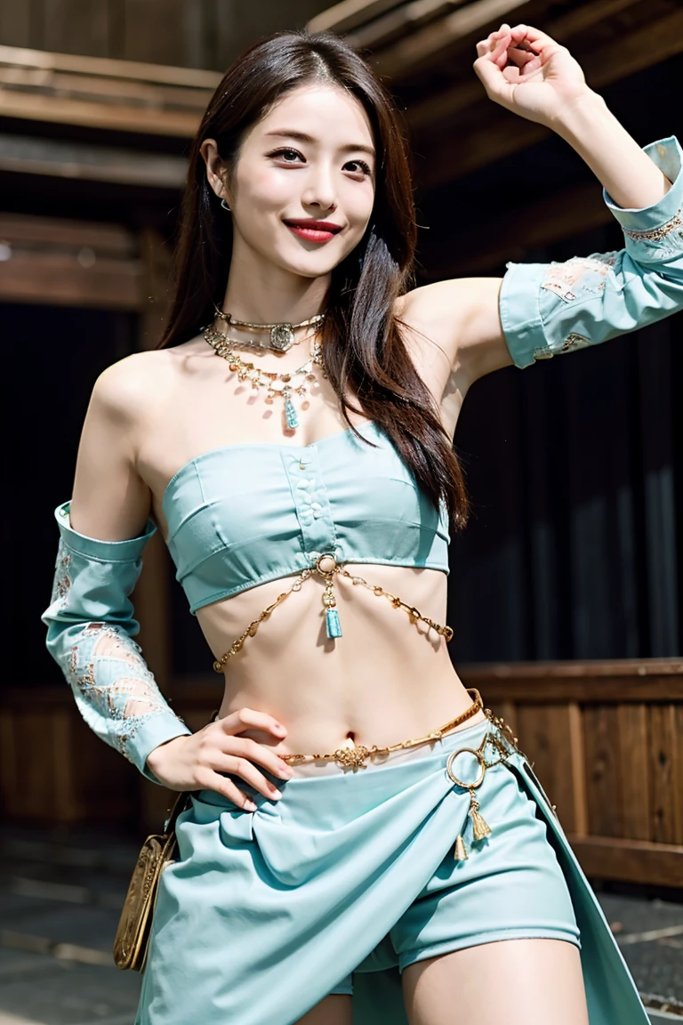 (highest quality、4k、High resolution、master piece: 1.2)、Super detailed、real、cowboy shot、Bright colors、studio lighting、sharp focus、professional、beautiful detailed eyes、beautiful detailed lips、highly detailed eyes and face、long eyelashes、Highly detailed abs、porcelain skin、correct anatomy、The best makeup、The best hairstyle、1 person 、beautiful girl、15 years old、Breathtaking beauty、The top idol among the top、Dance vigorously、(Autumn fairy costume:1.2)、The final performance of the Dome Tour、On a stage with a gorgeous concert set、in front of a packed audience、look at the camera、belly button、cr1r3