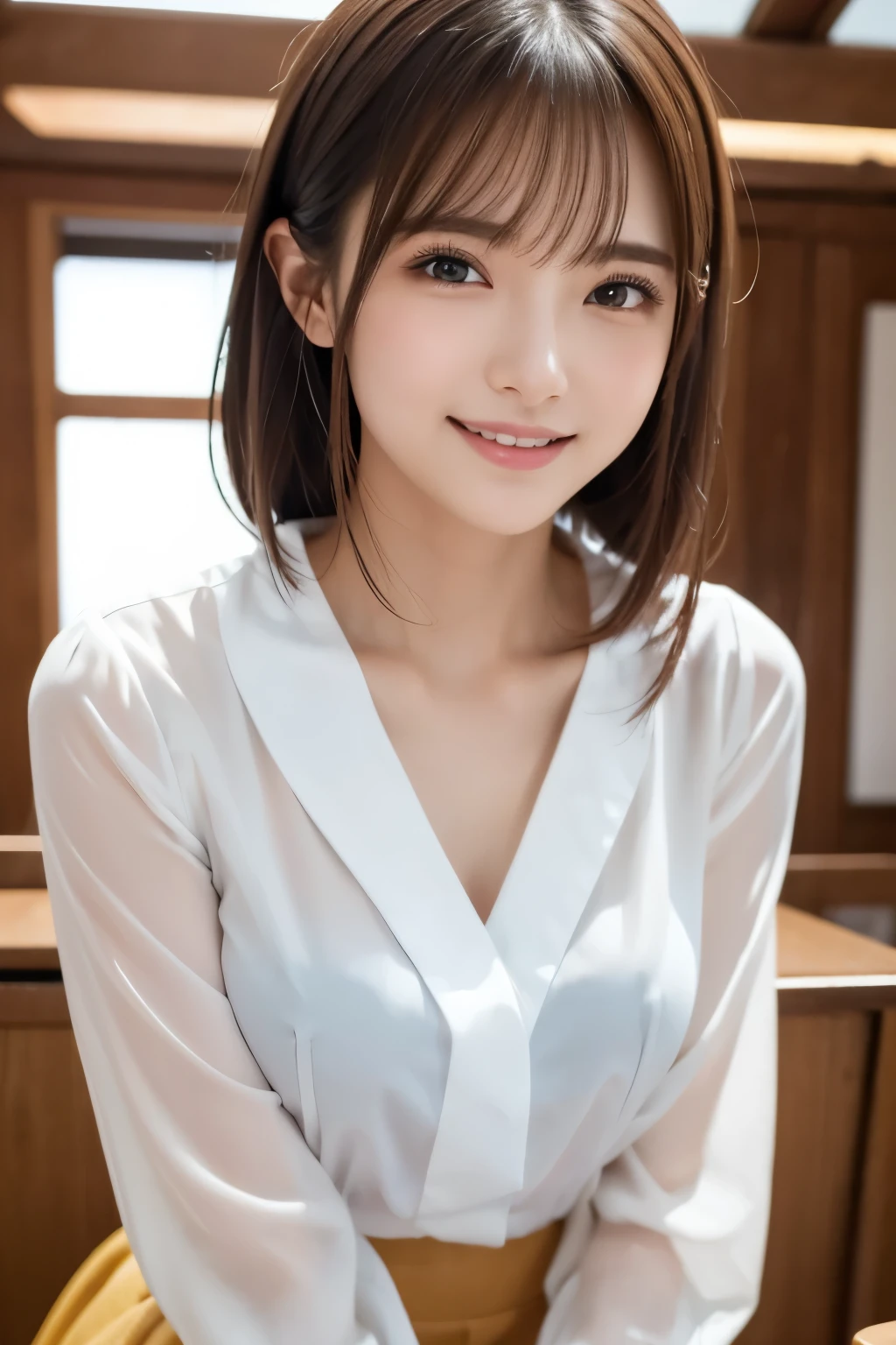 masterpiece, Best Quality, 8k, high school girls、white blouse、a beauty girl、idol bending over、 、smile、In a Japanese classroom、Portrait、高details、blurry background、D cup chest、Shortcut、masterpiece, super detailed, Ultra High Resolution, detailsな未加工カラー写真 , very delicate and beautiful, 、非常にdetails, 8k wallpapers, Amazing, details, 非常にdetailsな目, 非常にdetailsな肌, 非常にdetailsな指, h、非常にdetails nose, with meticulous attention to detail , perfect anatomy,