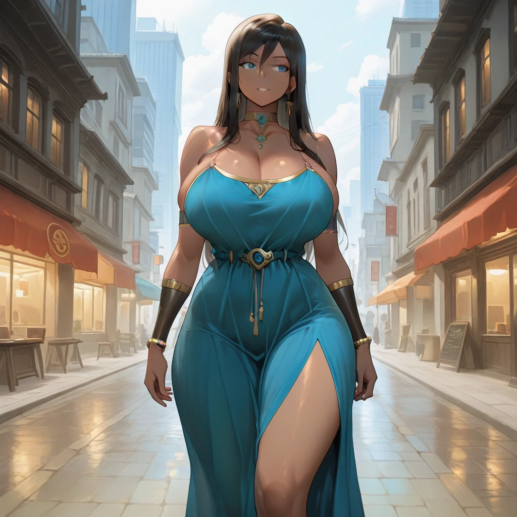 Morgana, a 60 meter tall warrior goddess, emerges from a mountain at dawn, his bronze skin shining under the first rays of the sun. His dark, wavy hair falls like a cloak over his strong shoulders.. Standing on a vast plain, Her posture is imposing and sensual., with one leg forward and one hand resting on the hilt of his sword. His eyes, full of power and desire, They look at the tiny humans at their feet, captivated by his formidable presence. Her full lips curve into a provocative smile., and his muscular and sculpted body exudes an aura of dominant eroticism, enveloping everyone present in a spell of submission and deep admiration.