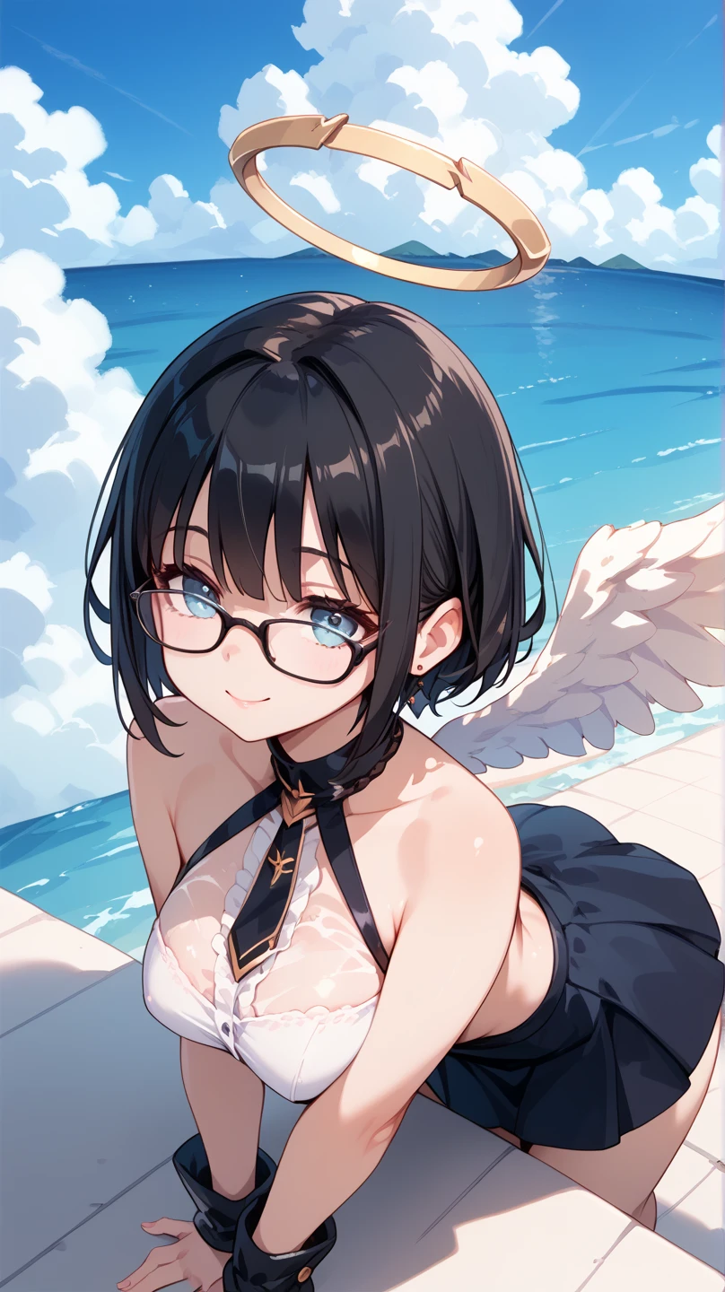 Highest quality、Best image quality、masterpiece、One adult woman、26 years old、Beautiful Eyes、black hair, purple eyes、pixie cut、(flat chest)、slender、Tight waist、Round Glasses、Micro Bikini, Angel&#39;s wing、noon、Outdoor、cowboy shot, Walking、Natural light、Shallow depth of field、In the office district、skyscraper、Lens flare