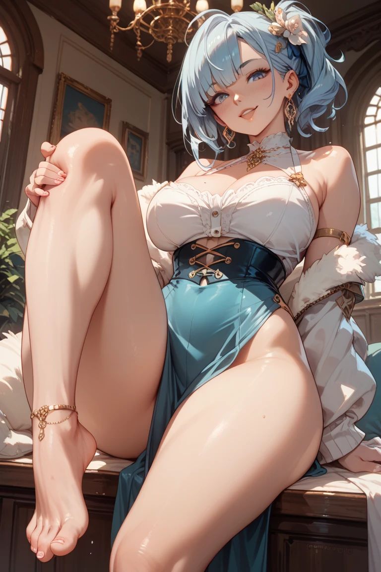 anime babe shy face short light bluegreen hair, purple eyes , princess style, fantasy, nipples exposed, openlegs, beautiful dress white green and gold, short hair, best quality
