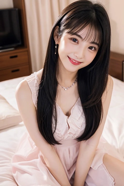 ((Highest quality)), ((masterpiece)), (detailed), Japanese, Age 25, Beauty, Front face, sexy,Face close-up,smile,Long Black Hair、With bangs、White dress、Inside the room
