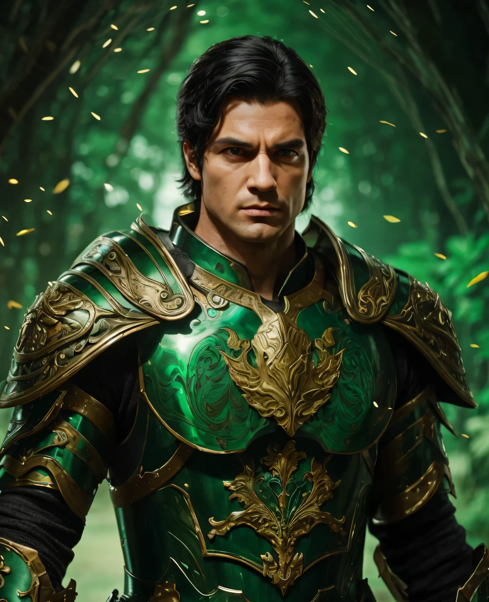 A General, he has brown eyes and black hair. He is wearing full green armour. Realistic with cinematic vibe.