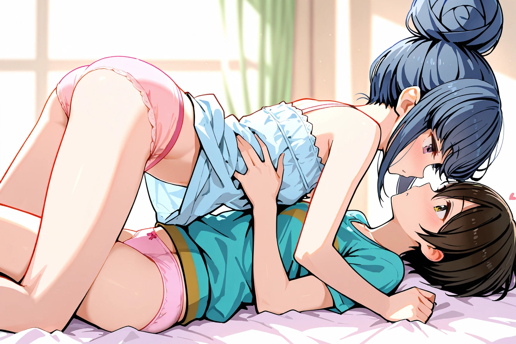 Low - Angle、Looking up from the floor、Chubby body、Big Ass、Sexual pleasure、Small breasts、Realistic、anime、Squint your eyes、smile、Ecstatic expression、Get pleasure、リアルanimeスタイル、エロanime、look back、bed、bedルーム、Kneeling、Take off your pajamas、In underwear、Open the chest、Place your hands on your chest、looking at the camera、blush、Show off your chest、mole、Take it off to the shoulders、Touching your breasts through your underwear、short hair、Black Hair