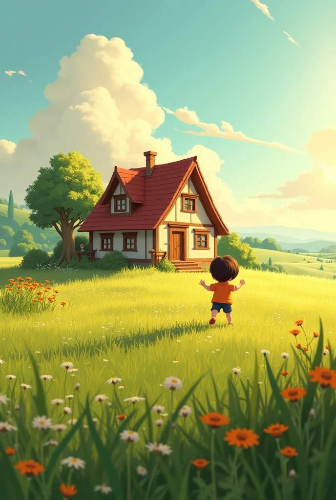 A traditional village house at sunset, with a small campfire flickering in the front yard. A young child plays joyfully near the fire, while chickens peck at the ground nearby. The sky is transitioning from day to night, with soft hues of orange and purple filling the horizon. The scene feels peaceful and cozy, just moments before the call to Maghrib prayer. The house is modest and surrounded by greenery, bathed in the warm, fading light of the day. Cinematic, realistic, ultra-detailed, 8K, UHD.