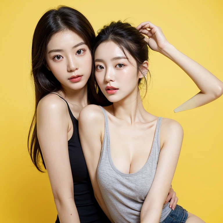 Korean female、Short-haired and long-haired women、Female sexy、K-pop idols、Two Women、Hugging each other、A smile、extremly tiny bikini