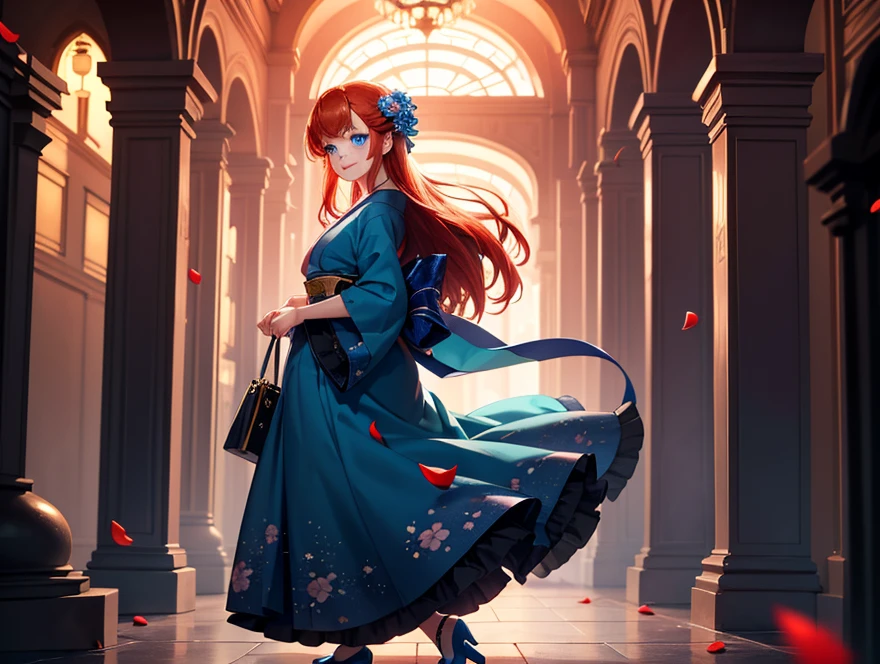 A girl, with a slightly smiling expression and his gaze directed forward. Her long orange hair falls softly over her shoulders.. She wears a blue dress with a wide black belt at her waist., that accentuates her slender figure. His right hand is slightly raised, With a relaxed attitude. With a mystical forest background
