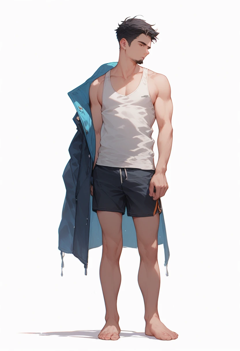Close-up of a man in a swimsuit holding a drink, Shirtless :: High detail, photorealistic perfect body, arnold 3 d render, arnold 3d render, male character, arnold rendering, muscular character, realistic shadow perfect body, full character body, artstation mans aesthetic, full body portrait of a short!