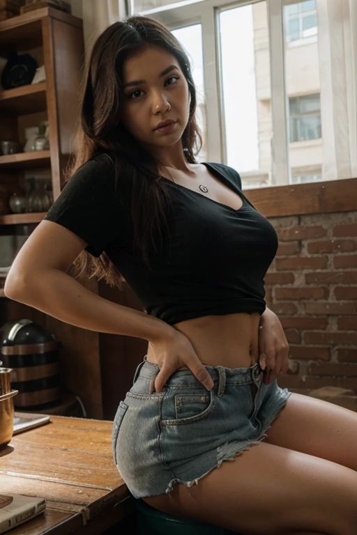 Female, 20s, Busty, Fit, Colorful Tattoos, Modern Tattoos, Classic Tattoos, Piercing, Round Breasts, Small Breasts, Medium Breasts, Round Butt, Medium Butt, Small Butt, Seductive Smile, Open Mouth, Full Lips, Long Eyelashes , Horny Face, Black Hair, Straight Hair, Long Hair, Ponytail, Neckerchief, Necklace, Mini Skirt, Nylon Stockings, Sweater, Suspenders, Hoodie