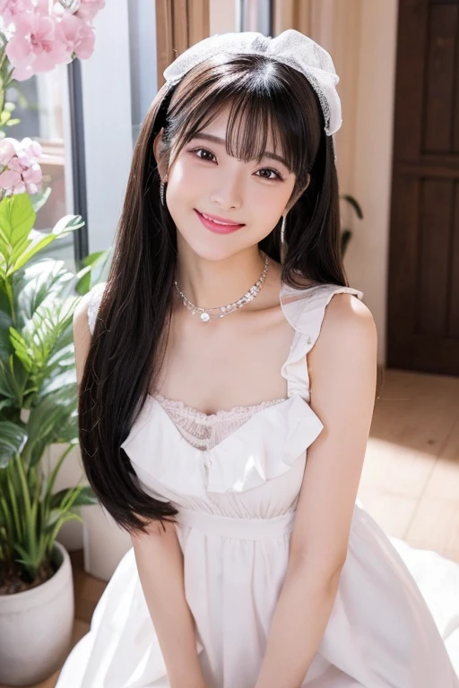 Highest quality、masterpiece、A real 18 year old girl、pretty dress with frills, small breast, flat chest, Laughter、High resolution、